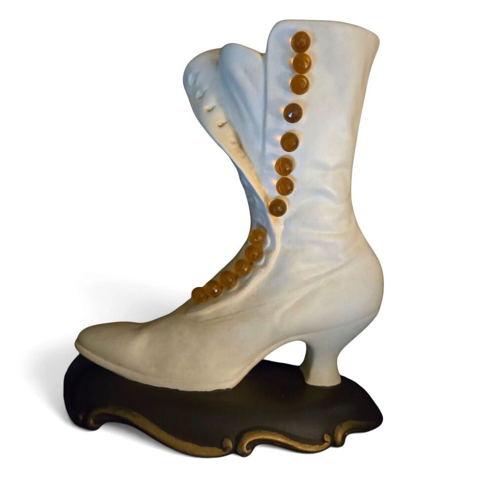 Atlantic Mold White Ceramic Victorian High Top Button Boot Vase Lace Up Shoe Vtg